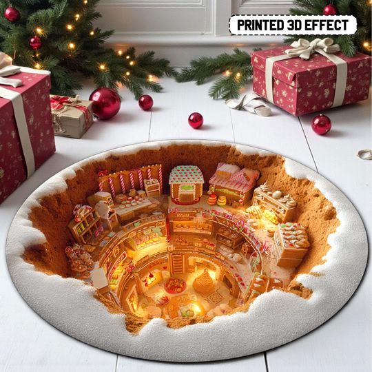 Discover Christmas Gingerbread 3D Round Rug, 3D Christmas Holiday Floor Mat Holiday Home Decor, Gift for Living Room, Gingerbread Christmas Decor