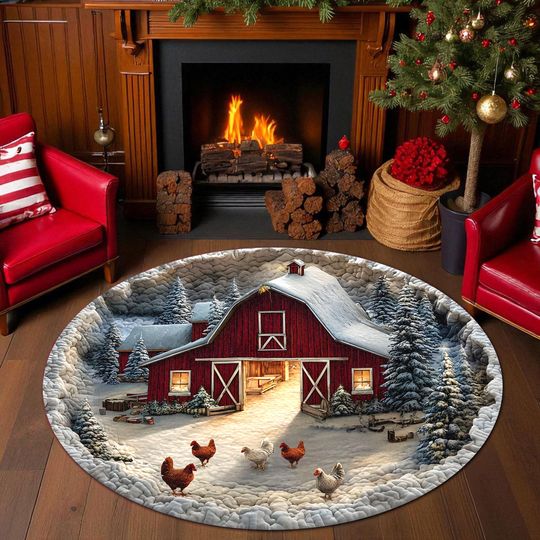 Discover Christmas 3D Red Barn Round Rug, Farmhouse Christmas Floor Mat Cozy Rustic Winter Farm Decor, Chicken Barn Rug Mat, Farmhouse Family Gift