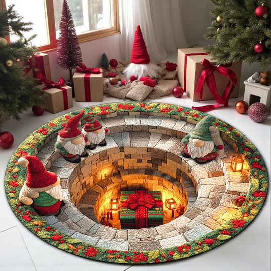 3D Round Rug Christmas Gnome Mat, Holiday Present Christmas Carpet
