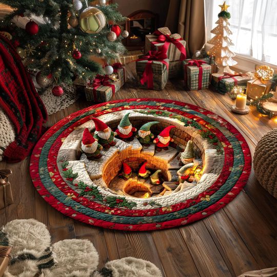3D Effect Printed Christmas Gnome Rug, Christmas Round Mat