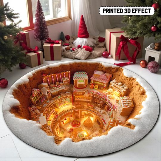 Discover 3D Effect Gingerbread Village Round Rug, Christmas Floor Mat Carpet Holiday Decor for Home, Gingerbread Christmas Decor, Xmas Holiday Rug
