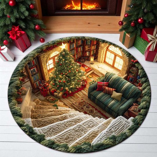Discover Christmas 3D Living Room Round Rug, Xmas Holiday Carpet, Cozy Fireplace Mat for Home Winter Decor, Christmas Round Rug Decor, Room Gift