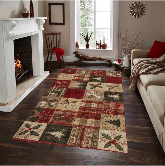 Discover Plaid Christmas Rug: Washable Non-Slip Holiday Patchwork