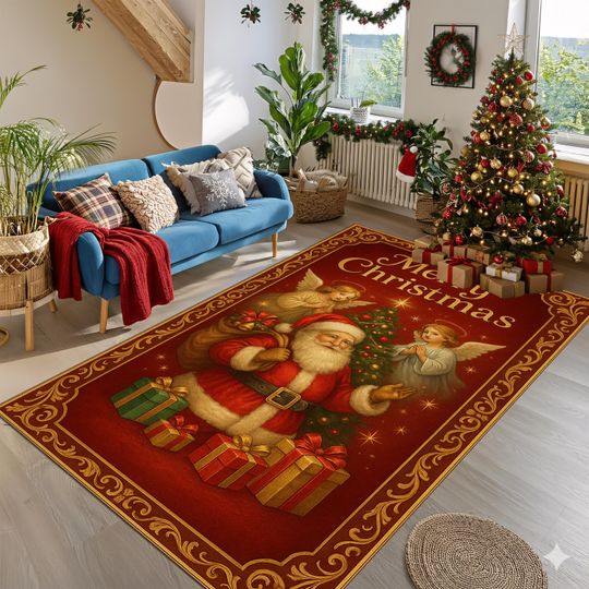 Vintage Christmas Santa & Angels Rug, Merry Christmas Red Holiday Carpet