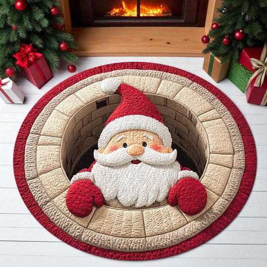 3D Santa Claus Round Christmas Rug, Funny Holiday Chimney Floor Mat