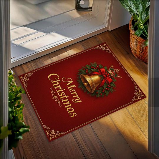 Christmas Bell Rug Red Festive Carpet  Elegant Holiday Merry Christmas Floor Mat for Winter and Xmas Decoration