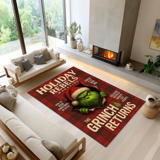 Discover funny character Christmas Rug: Holiday Rebels Magazine Cover, Red Plaid Decor