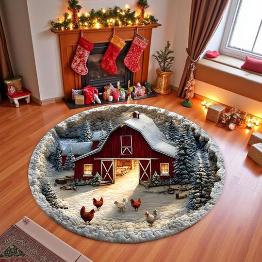 Discover Christmas Farmhouse 3D Round Rug, Red Barn Winter Scene Printed Carpet