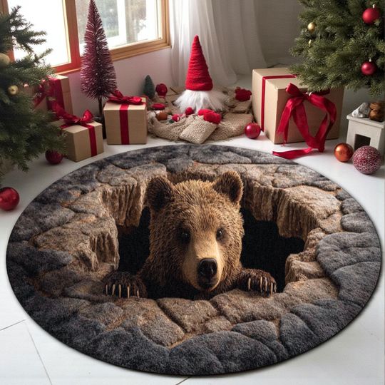 Discover Bear Hole Illusion Rug, 3D Printed Bear Round Mat for Living Room