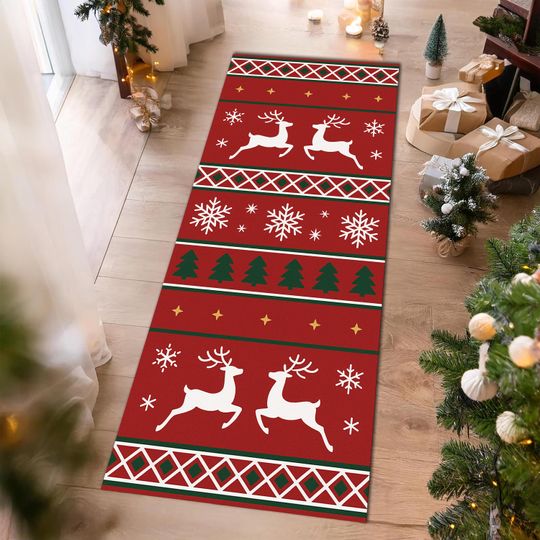 Discover Christmas Runner Rug with Reindeer, Snowflakes and Trees