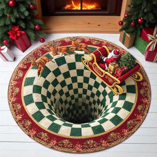 Discover 3D Santa Sleigh Tunnel Illusion Round Rug, Christmas Optical Floor Mat