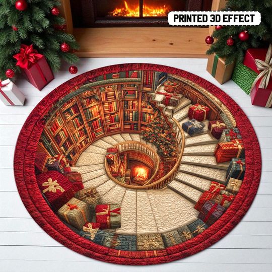 Discover Christmas Library 3D Round Rug, Spiral Stairs Printed Floor Mat