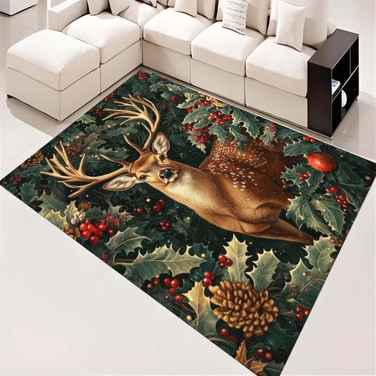 Discover Deer Rug, Snowflake Christmas Rug, Merry Christmas Rug