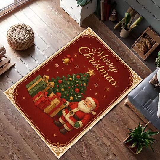 Santa with Christmas Tree and Gifts Rug  Festive Holiday Red Area Carpet