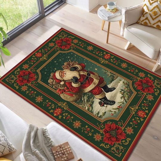 Christmas Rug:Plaid Snowflake Design,Winter Holiday Decor,Vintage Santa Christmas Rug,Classic Holiday Area Carpet,Festive Red Green Gold Rug