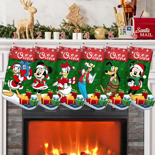 Discover Custom Mickey And Friends Xmas Stocking, Disney Mickey Mouse Christmas Stockings, Mickey Cartoon Santa Hat Christmas Socks Home Decoration