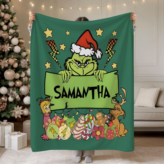 Discover Custom Name funny character Blanket, Cartoon Blanket For Boy and Girl, Green Christmas Blanket, Personalized Funny Blanket Xmas