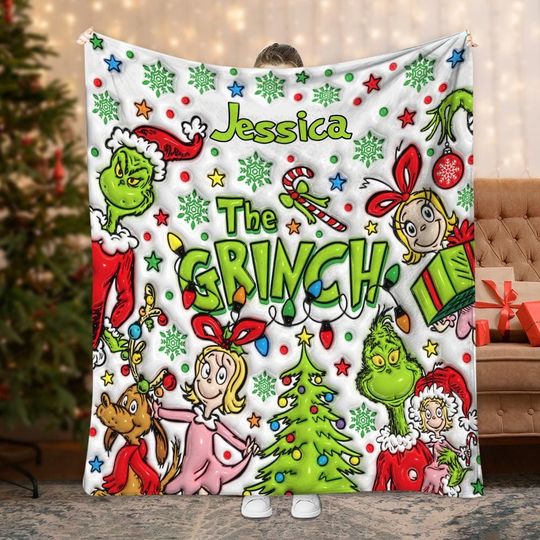 Discover Personalized Green Grin Fleece Blanket, Custom funny character Christmas Blanket, Christmas Whoville Blanket, Grin Blanket