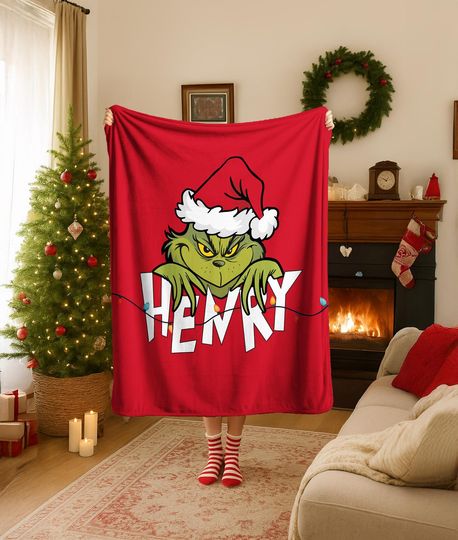 Discover Custom Name Grin Blanket, Grin Blanket, Cartoon Blanket For Boy and Girl,Green Christmas Tree Inflated Blanket,Grin Funny