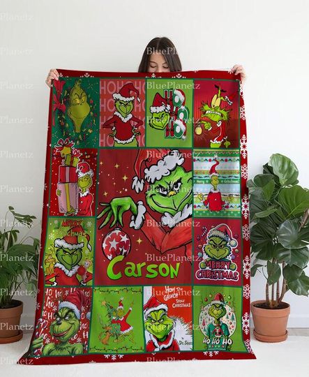 Discover Personalized Christmas funny character Blanket, Custom Name Grin Blanket, Christmas Grandson Gift Blanket, Granddaughter Gift, Christmas Gift