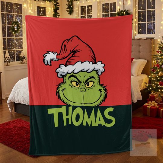 Personalized funny character Blanket for Kids, Custom Name Holiday Gift, Merry Grin Cozy Blanket,Green Monster Christmas Gift,funny character Decor