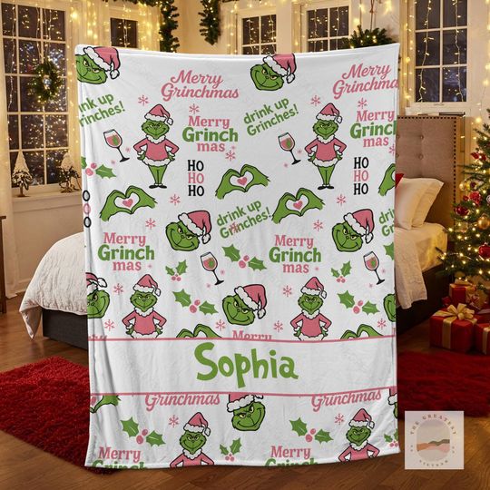 Discover Personalized funny character Christmas Blanket with Name, Custom Pinky Green Monster Cozy Blanket, Holiday Eve Blanket for Kids, Girly funny character