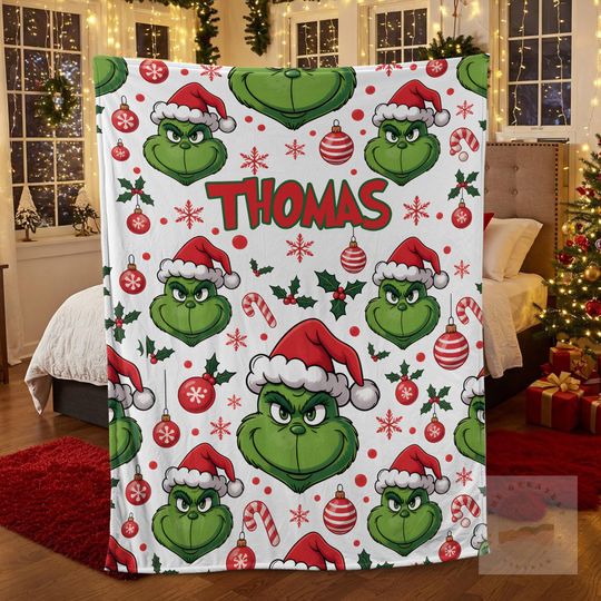 Personalized funny character Cozy Blanket, Merry Grin Fleece Blanket for Kids, funny character Decor Room, Holiday Gift, Christmas Stolen