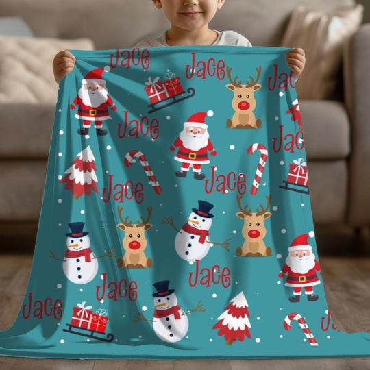 Discover Plush Christmas Blanket for Kids - Personalized Santa Reindeer Snowman Name Blanket, Holiday Gift, Girls Boys Baby, Custom Xmas, Cute