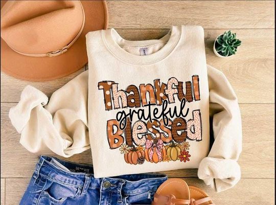 Discover Thankful Sweatshirt, Thanksgiving Sweatshirt, Thankful Grateful Blessed Shirt,Thanksgiving Shirt, Thankful Blessed Shirt, Fall Gift, Pumpkin