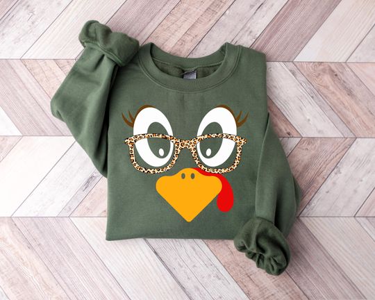 Discover Turkey Face Sweatshirt, Glasses Turkey tShirt, Thanksgiving Turkey Glasses Long Sleeve, Funny Turkey Hoodie, Eyelashes Leopard Glasses Shirt
