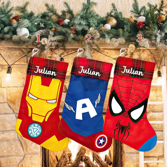 Custom Name Superhero Xmas Stocking, Captain America Christmas Stockings, Iron Man Spiderman Christmas Socks Home Decoration