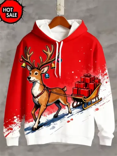 Discover Reindeer Christmas Hoodie 3D Red Sleigh Print Funny Festive Gift Idea for Winter