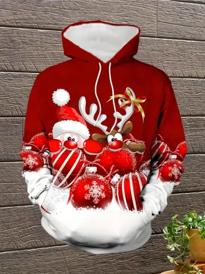 Discover Unisex 3D Christmas Hoodie Red Santa Reindeer Holiday Pullover