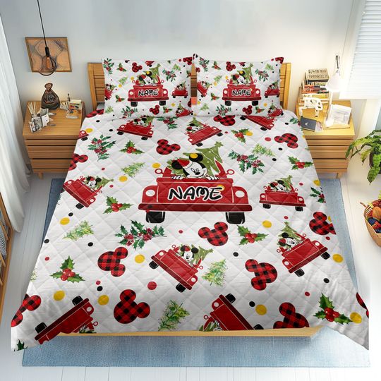 Personalized Mickey Quilt Bedding Set, Custom Name Mickey Family Quilt Blanket & Pillowcases, Disney Christmas Gift for Boy, Girl, Kids