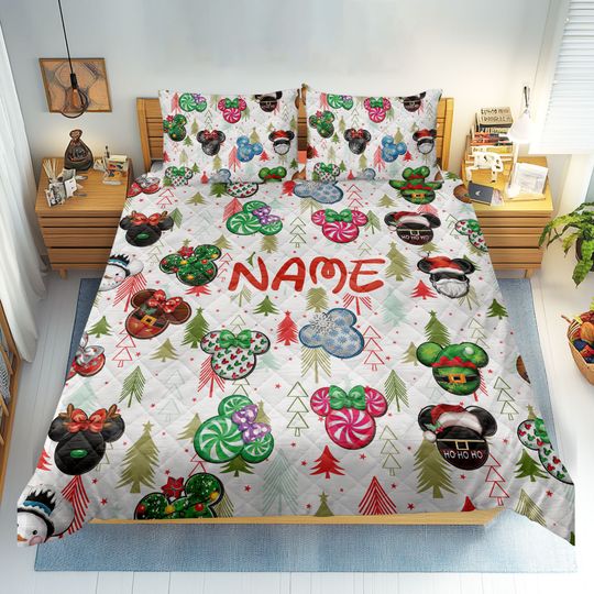 Personalized Christmas Mickey Quilt Bedding Set, Custom Name Christmas Disney Quilt Blanket & Pillowcases, Disney Mickey Quilt, Holiday Gift