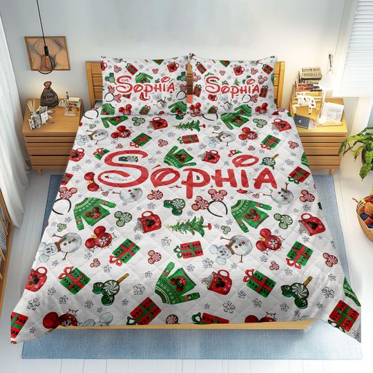 Discover Personalized Christmas Mickey Quilt Bedding Set, Custom Name Christmas Disney Quilt Blanket & Pillowcases, Disney Mickey Quilt, Holiday Gift