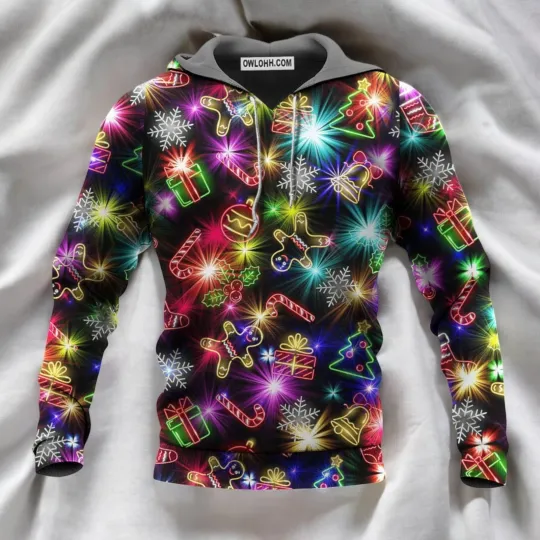 Discover Christmas With Tree And Gift Cookies Gingerbread Man Neon Style Hoodie