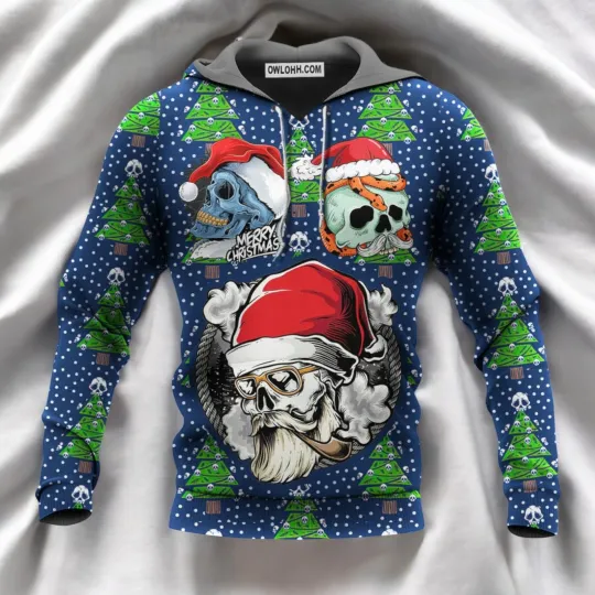 Discover Christmas Skull With Santa Hat Merry Christmas Snow Hoodie