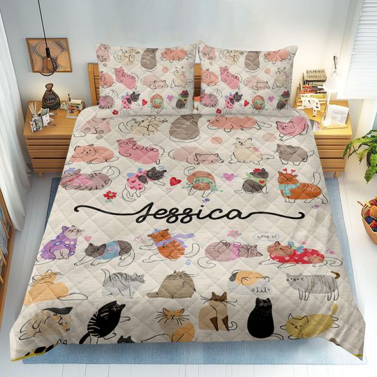 Discover Personalized Cat Quilt Set, Cute Cat Quilt Blanket & Pillowcase, Custom Name Quilt Bedding Set, Pet Lover Gift for Cat Owners, Cat Mom