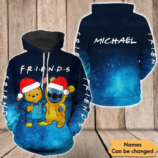 Discover Personalized Stitch And Pooh Friends Merry Christmas 3D HOODIE ALL OVER PRINT