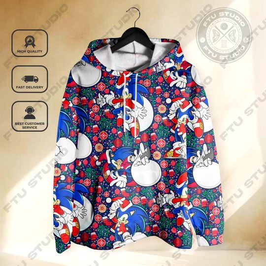 Sonic Santa Hoodie Sweatshirt - Christmas Cozy Sweatshirt Beloved Hedgehog Characters - Gamer Decor Gift