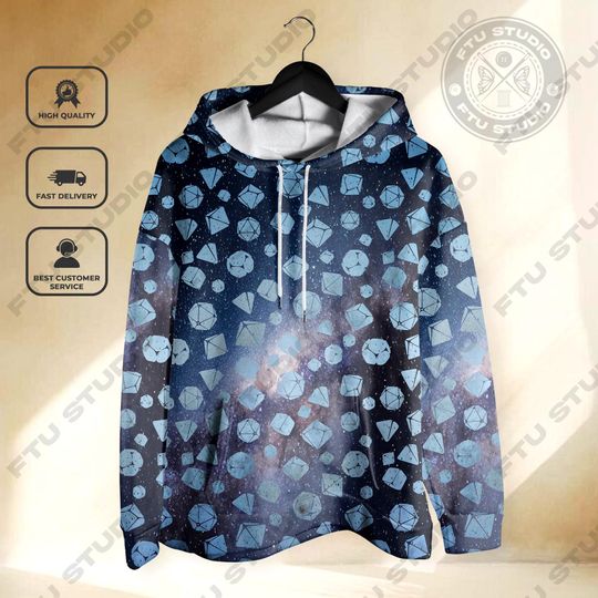 Galaxy Dice Hoodie, Fantasy RPG Sweatshirt with Dice Silhouettes, Arcane Runes, Tabletop Gaming Gift for Dungeon Masters