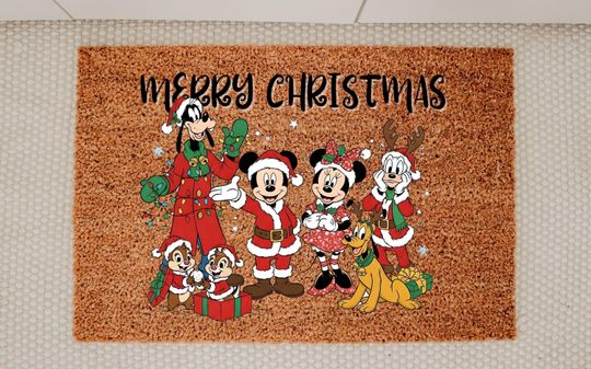 Discover Mickey and Friends Doormat, Merry Christmas Welcome Doormat, Mickey Christmas Doormat, Disney Doormat, Coir Doormat