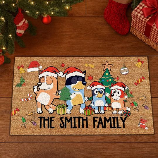 Discover Personalized BlueyDad Christmas Doormat, Custom Name BlueyDad Family Holiday Welcome Mat, BlueyDad Christmas Welcome Mat, Xmas Gift for Family