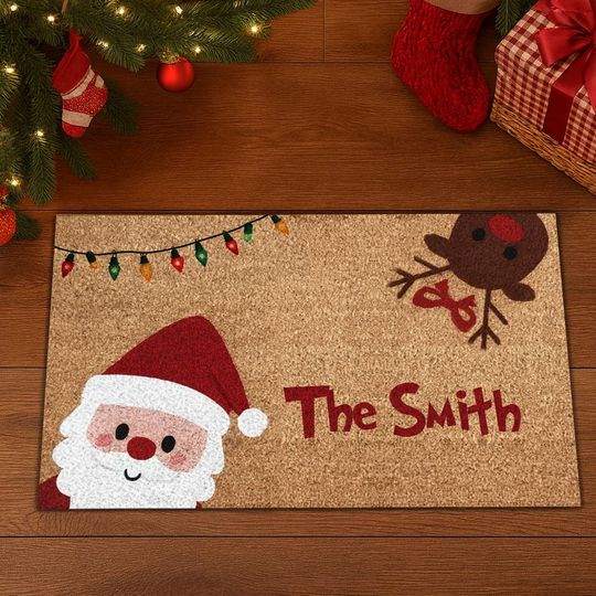 Discover Personalized Santa and Reindeer Doormat, Christmas Santa Claus Door Mat, Custom Name Welcome Mat, Holiday Reindeer Entrance Mat, Xmas Gift