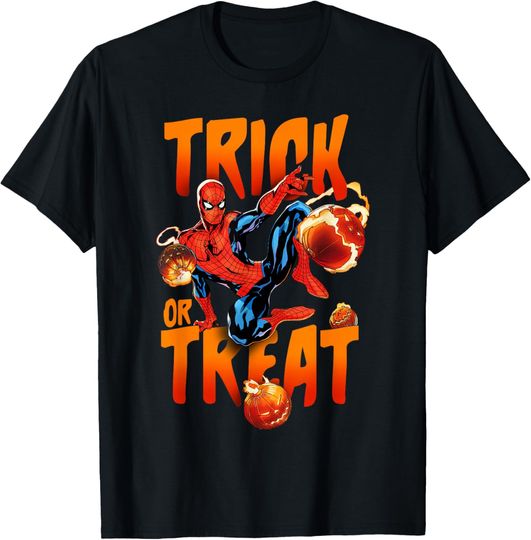 Discover Marvel Spider-Man Halloween Trick Or Treat Pumpkin Bombs T-Shirt