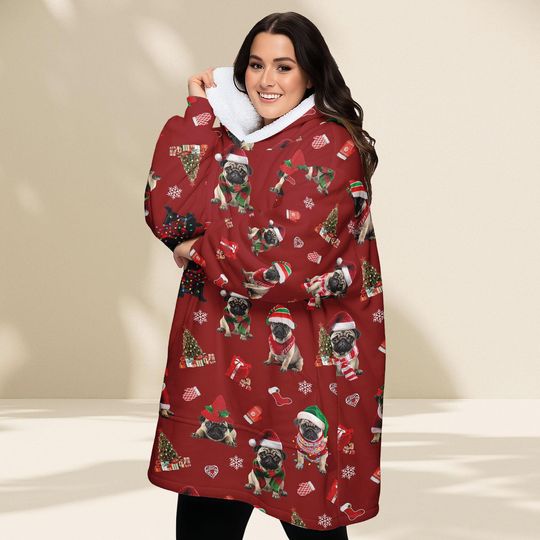 Pug Christmas Hoodie Blanket, Funny Dog Lover Wearable Blanket, Cozy Oversized Sweatshirt, Cute Pet Holiday Gift For Women Kid, Xmas