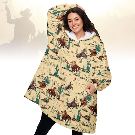 Discover Western Cowboy Hoodie Blanket, Vintage Rodeo Wearable Blanket, Funny Country Oversized Sweatshirt, Cozy Western Gift For Her Kid Man