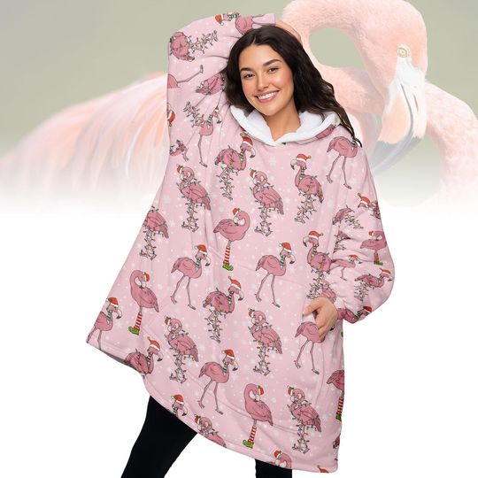 Discover Pink Flamingo Christmas Hoodie Blanket, Tropical Holiday Wearable Blanket, Cute Oversized Sweatshirt, Cozy Winter Gift For Women Kid