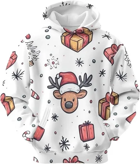 Discover Cute Reindeer Christmas Hoodie 3D Print Gifts Candy Cane Unisex Holiday Pullover